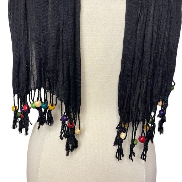 PASHMINA Black Embellished with Floral Appliqués & Beaded Fringe - Picture 5 of 7